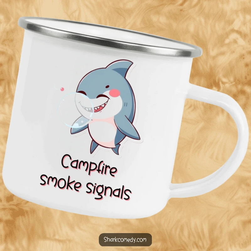 Funny shark winking and blowing a large bubble, depicted on a durable camping mug, adding humor to outdoor beverages.