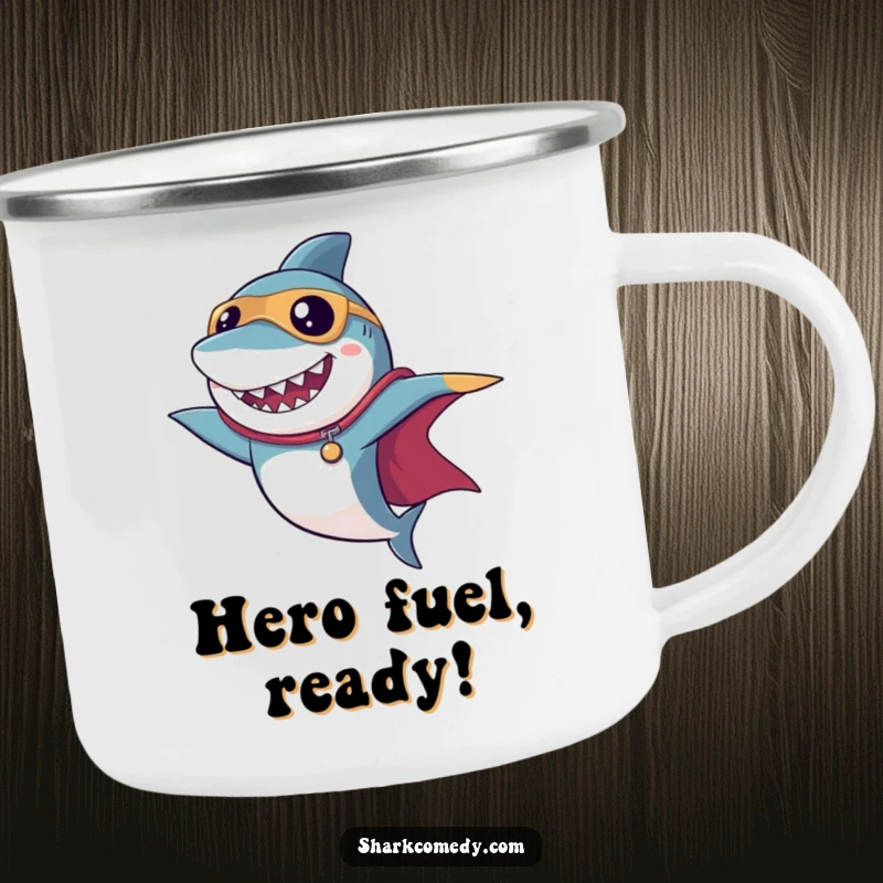 Funny superhero shark camping mug with a dramatic cape pose, perfect for enjoying beverages during outdoor adventures.