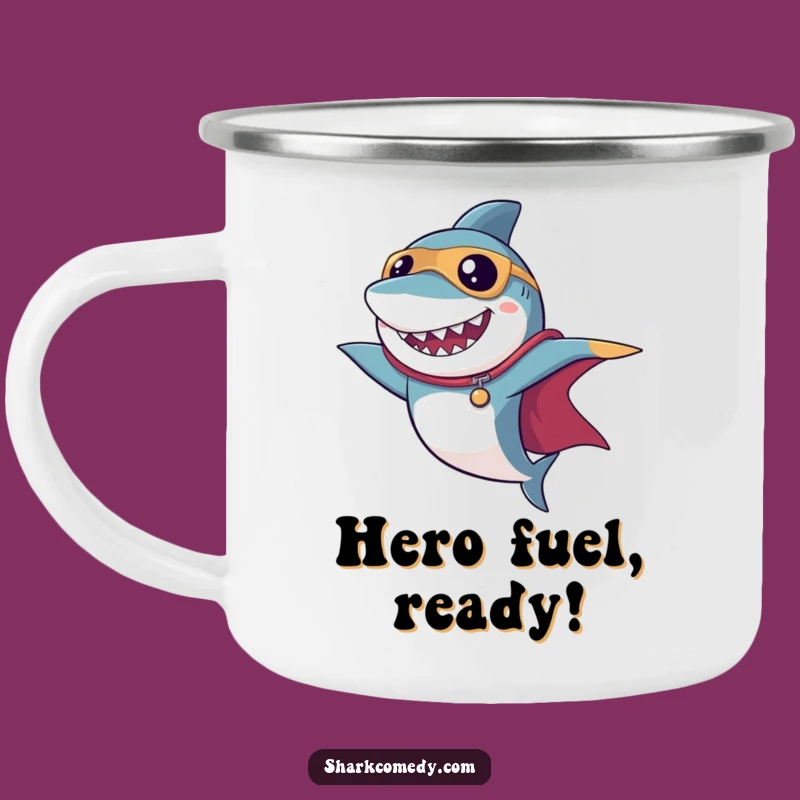 Funny Superhero Shark Camping Mug: Adventure with a Cape Pose