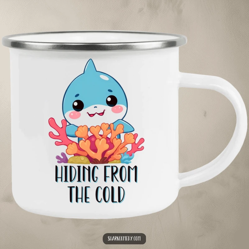 Funny Kawaii Shark Camping Mug: Durable enamel mug with a kawaii shark peeking from coral, great for outdoors.