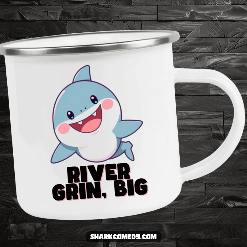 Funny Shark Camping Mug: A cheerful shark swims with a wide, playful grin, a fun companion for your outdoor journeys.