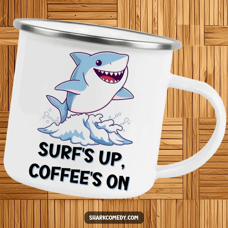 Funny tiny shark camping mug showing a small shark leaping from a wave with a wide, happy grin, perfect for outdoor ocean vibes.