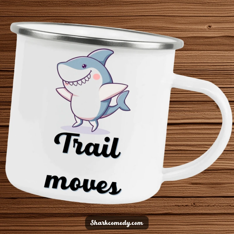 Funny camping mug with a clumsy dancing shark, sporting a goofy smile and wobbly fins, ready for outdoor adventures and hot beverages.