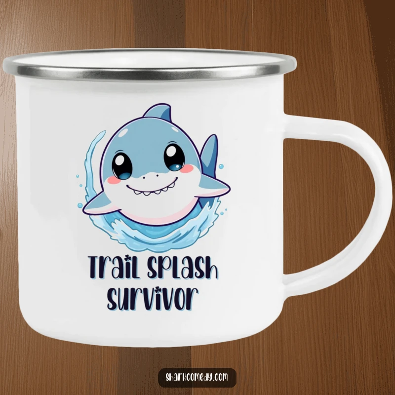 Funny shark camping mug showing a cute character with wide eyes, swimming rapidly and splashing water, perfect for enjoying drinks during outdoor activities.