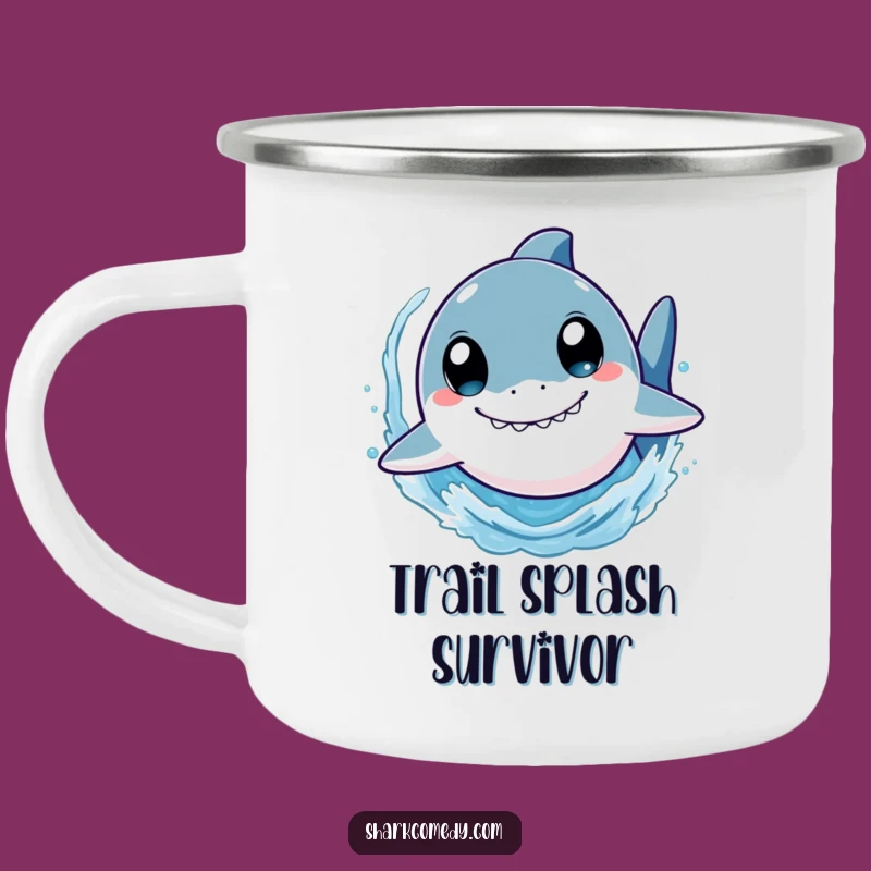 Funny Shark Camping Mug: Wide-Eyed Swimmer Splashing Fun Outdoors