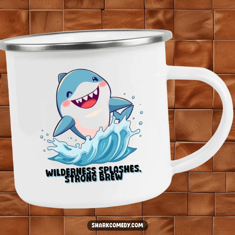 Funny Kawaii shark camping mug, a cute shark leaping from splashing water, perfect for adventurous, humorous outings.