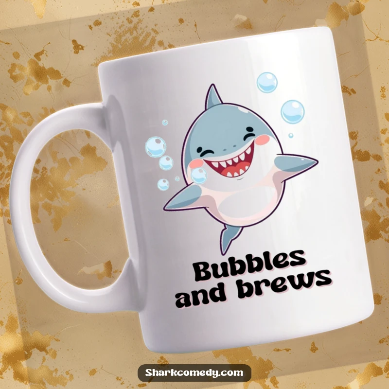 Funny Mug featuring a joyful shark blowing bubbles, celebrating fun and water play.