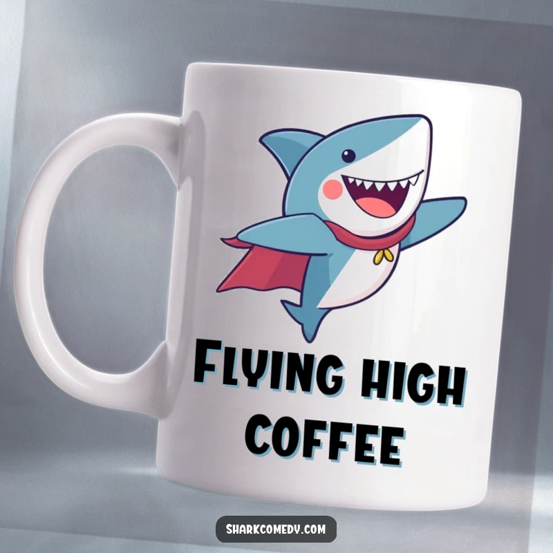 Funny Mug featuring a joyful shark flying with a cape, embodying freedom and superhero fun.