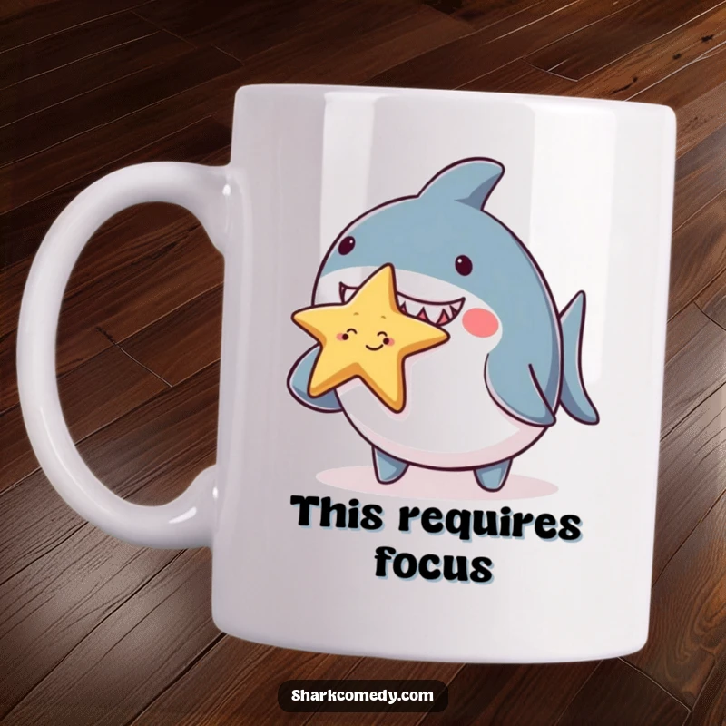 Funny chubby shark character mug, adorably balancing a tiny smiling starfish on its nose, conveying sweetness and gentle humor.