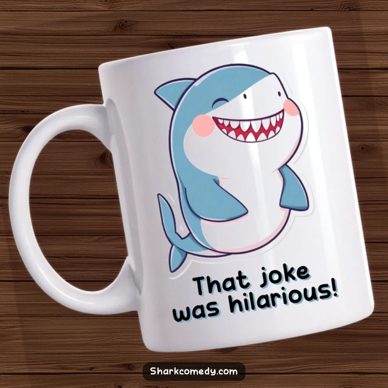 Funny giggling shark mug showing a shark laughing uncontrollably while holding its round belly, radiating pure amusement.