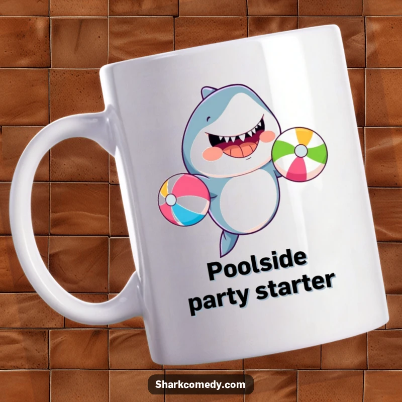 Funny smiling shark juggling three colorful beach balls, depicted on a mug, bringing ocean humor to your kitchen.