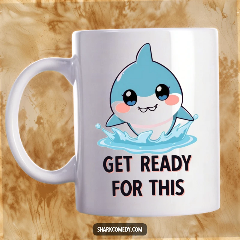 Funny kawaii shark with huge, innocent eyes, about to unleash a massive water splash, depicted on a ceramic mug for a humorous gift.