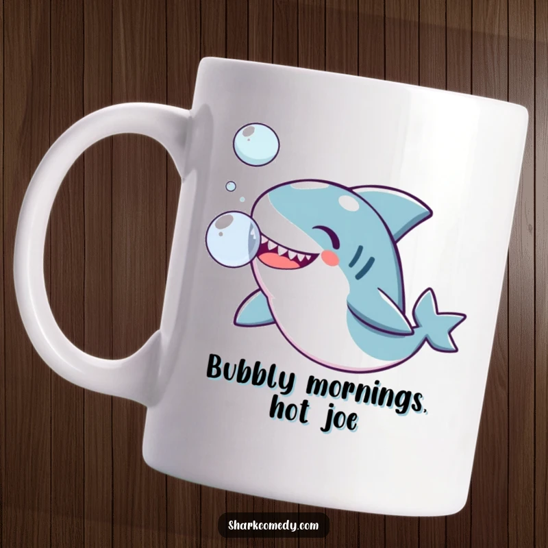 Funny Kawaii shark mug, joyfully playing with a single, iridescent bubble, showcasing a cute and contented expression.