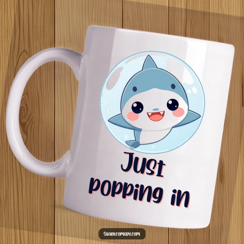 Funny kawaii shark character peeking curiously from behind a huge, transparent bubble on a mug, evoking a playful and shy mood.