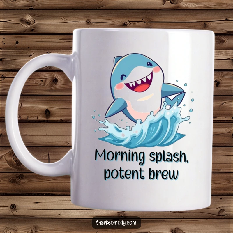Funny Kawaii shark mug, enthusiastically leaping out of splashing water with a joyful, energetic expression.