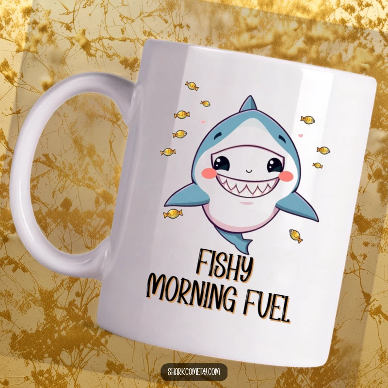 Funny mug featuring a kawaii shark with a wide grin, playfully juggling tiny fish, radiating adorable, mischievous energy.