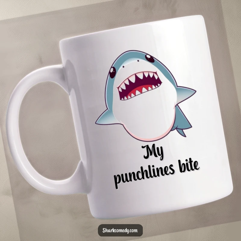 Funny mug graphic of a shark opening its mouth wide as if telling a joke, revealing tiny, comical teeth. Humorous and relatable.