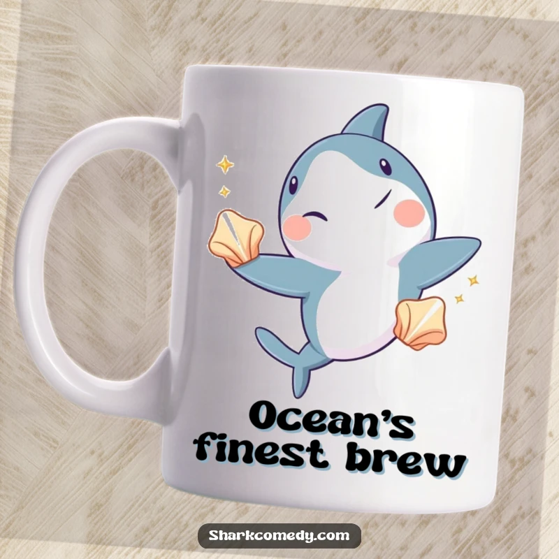 Funny shark mug, a cool shark winking and skillfully juggling three shiny seashells, showing aquatic talent and playful confidence.