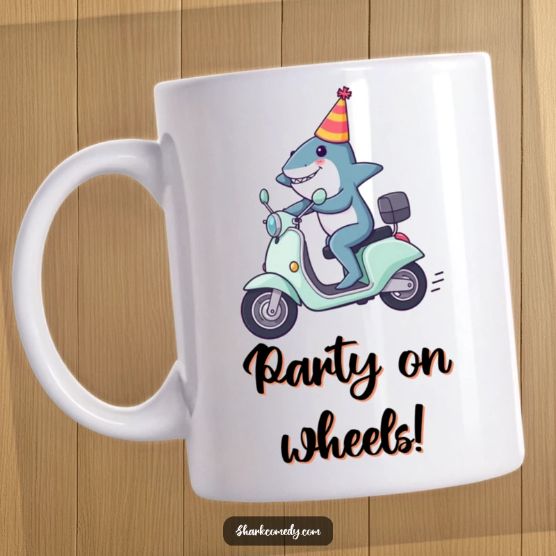 Funny shark mug showing a shark wearing a tiny party hat, hilariously zooming on a scooter, ready for fun.