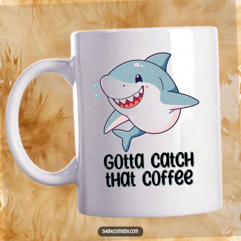 Funny mug showcasing a happy, determined shark sprinting with an intense look and sweat drops flying, symbolizing speed and focus.