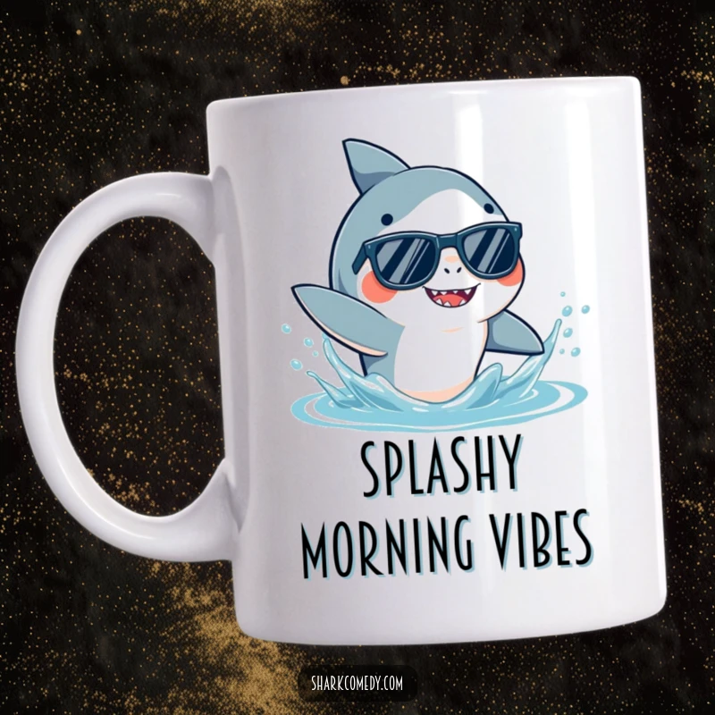 Funny Shark Mug featuring a cool shark wearing sunglasses, playfully splashing water with its fin, exuding fun ocean vibes.