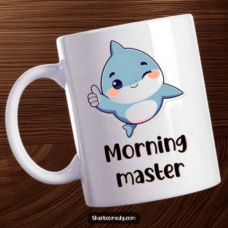 Funny shark character mug, giving a playful wink and a thumbs up gesture, conveying confidence and positive encouragement.