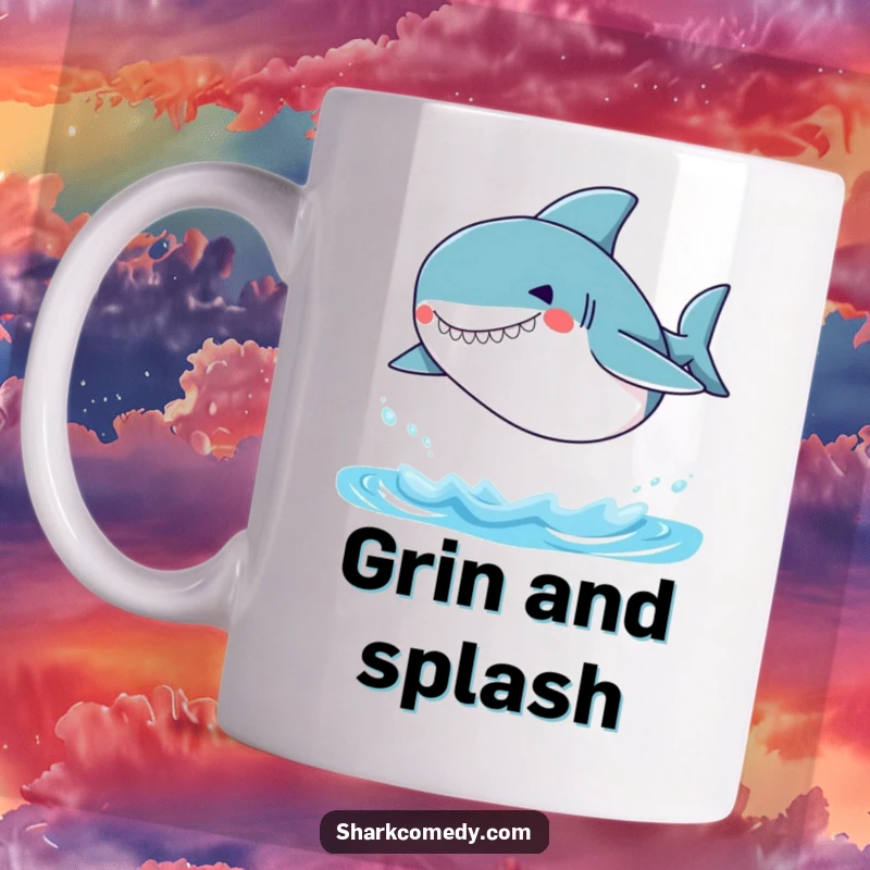 Funny Small Shark Mug showcasing a tiny shark with a huge, silly grin, leaping joyfully out of the water.