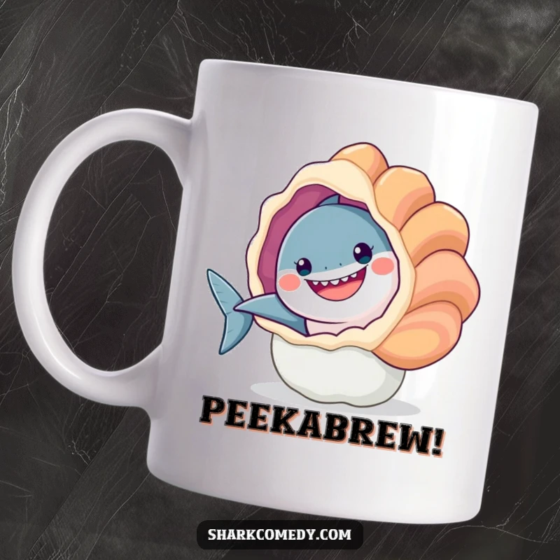 Funny mug: a smiling shark playfully peeks from behind a large, vibrant seashell, conveying curiosity and cheerfulness.