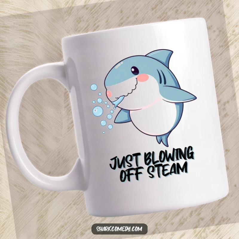 Funny shark mug blowing a stream of bubbles playfully, cute underwater character, ideal for ocean enthusiasts gift.