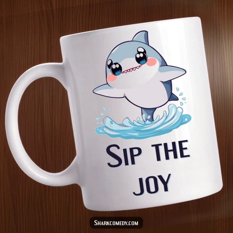Kawaii mug with a cute shark character, wide innocent eyes, leaping joyfully from blue water with a happy expression.