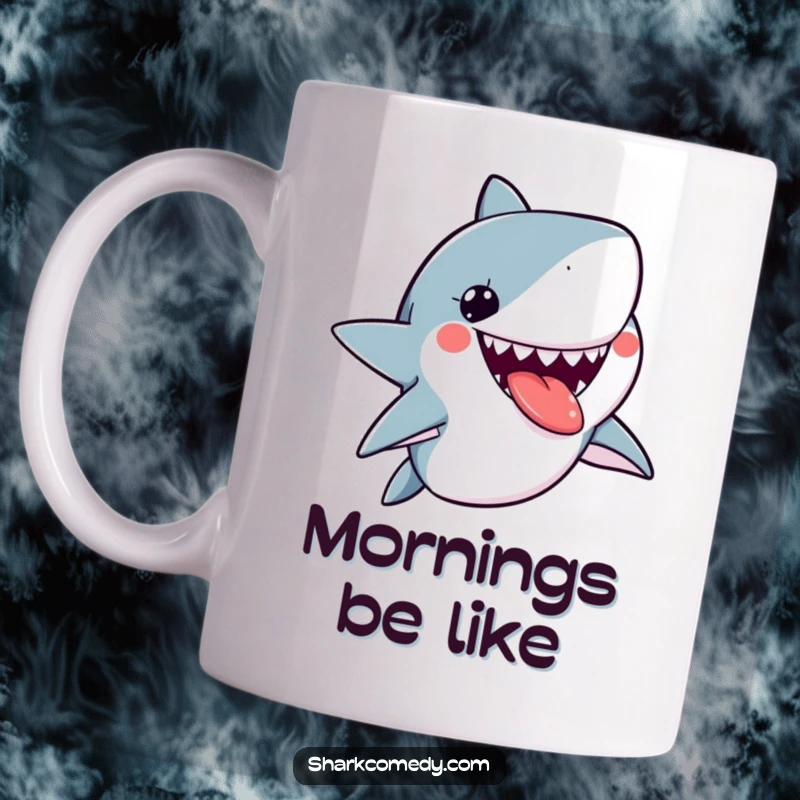 Funny kawaii shark mug with a cute shark sticking its tongue out playfully, showcasing a mischievous and fun expression.