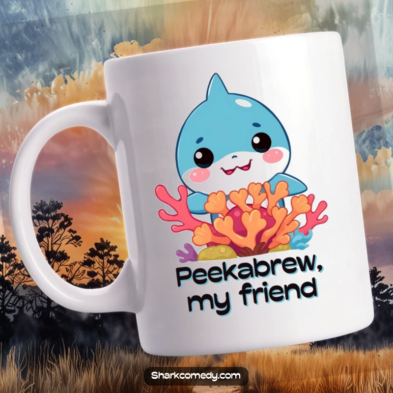 Funny Kawaii Shark Mug: Adorable kawaii shark peeking curiously from behind colorful coral, adding humor.