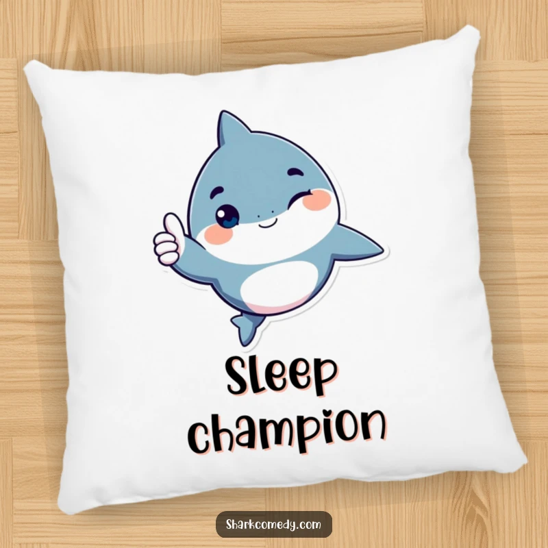 Funny shark character pillow, giving a playful wink and a thumbs up, a soft and humorous accent for sofas and beds.