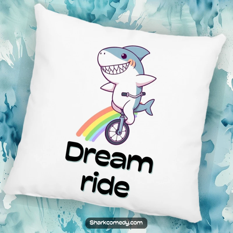 Funny shark character pillow, with a goofy grin, riding a unicycle on a rainbow, a soft and humorous accent for sofas and beds.