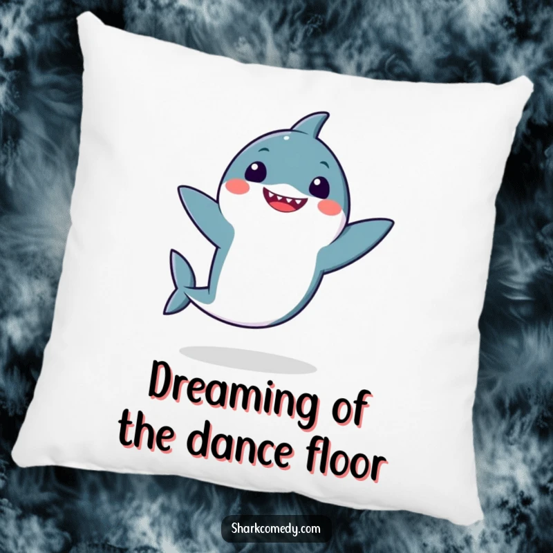 Funny kawaii shark doing a funny dance with flapping fins, embroidered on a soft pillow, ideal for adding comfort and humor to any room.