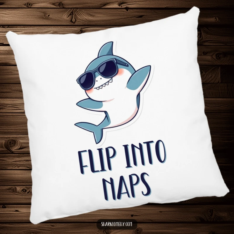 Funny pillow featuring a kawaii shark wearing sunglasses, doing a playful flip, perfect for adding cozy, cool humor.