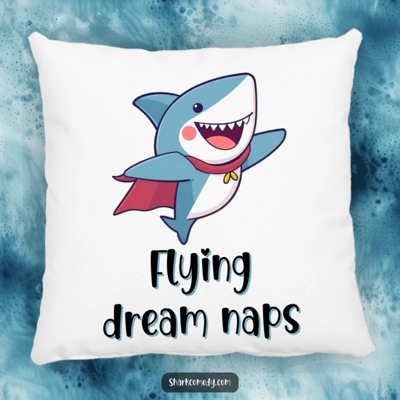 Funny Pillow with a shark wearing a cape, flying joyfully, perfect for superhero-themed comfort.