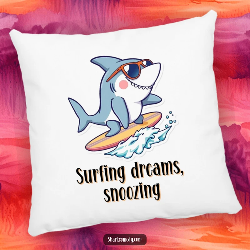 Funny cool shark pillow featuring a shark with sunglasses surfing a tiny surfboard, offering comfort and a cool, beachy vibe.