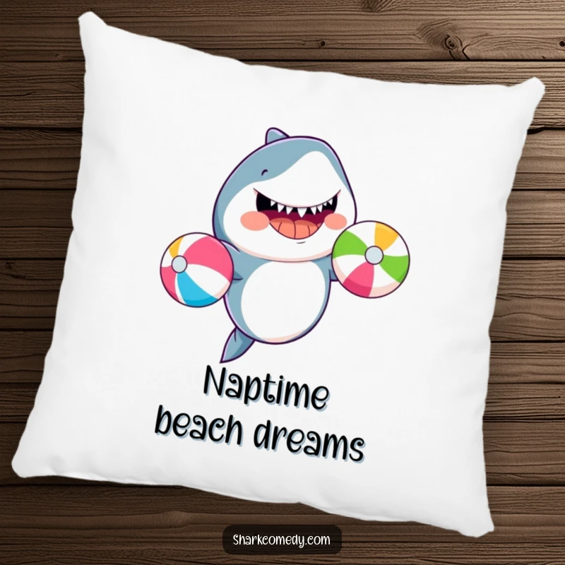 Funny shark juggling beach balls, depicted on a plush pillow, adding a humorous ocean theme to home decor.