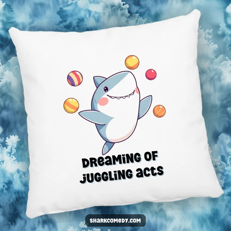 Funny pillow design depicting a shark delightedly juggling colorful balls with its fins, bringing circus charm indoors.