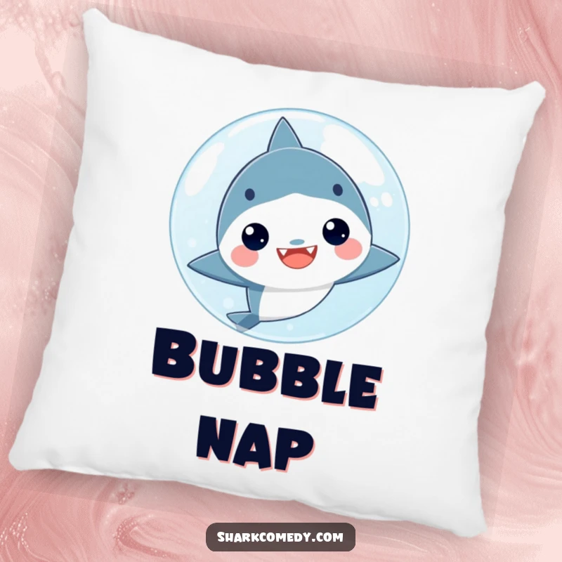 Funny kawaii shark peeking from behind a bubble on a soft pillow, adding a cute and humorous touch to home decor.