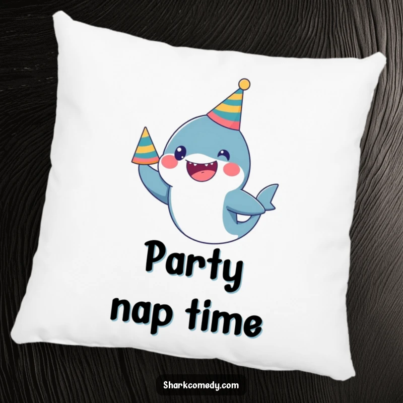 Funny Pillow: A kawaii shark wearing a party hat looks excited, offering humorous comfort and festive cheer.