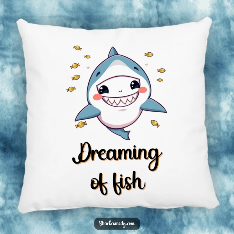 Funny pillow featuring a kawaii shark with a wide grin, juggling tiny fish, perfect for adding cozy, playful humor.