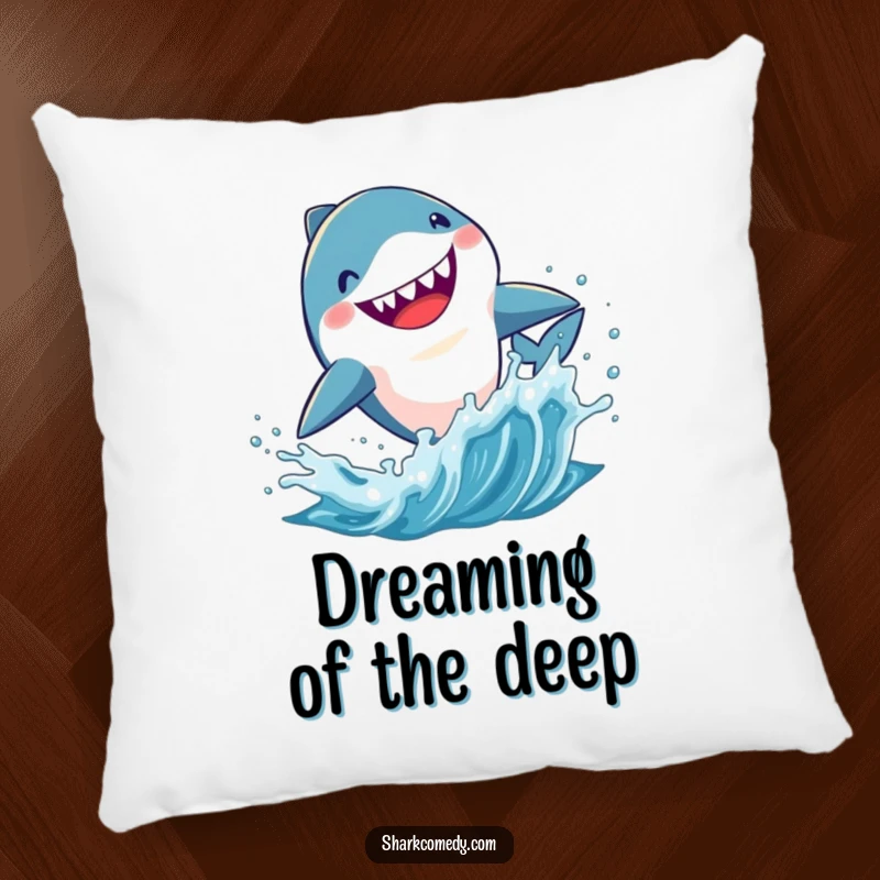 Funny Kawaii shark pillow, a cute shark leaping from splashing water, bringing cozy, humorous ocean vibes.