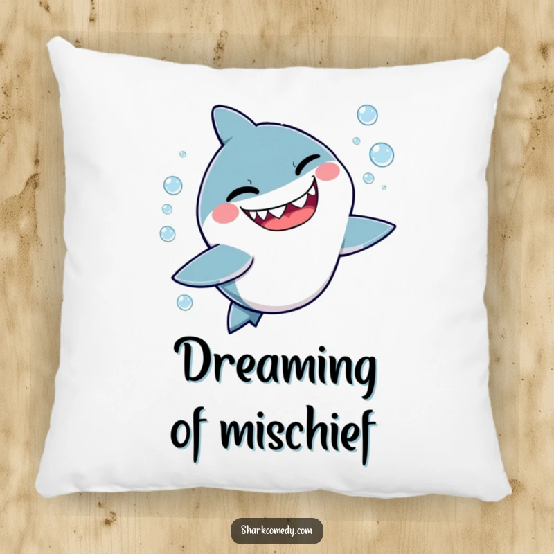Funny pillow featuring a kawaii shark character giving a mischievous wink while playfully chasing bubbles, providing comfort and charm.