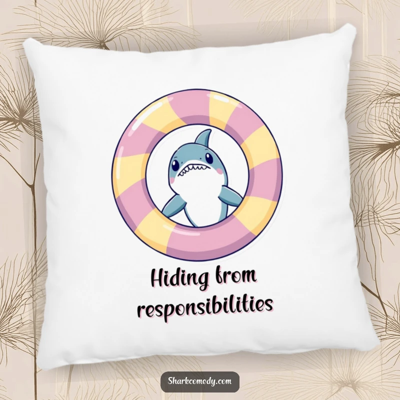 Funny shark peeking from an inflatable ring, depicted on a plush pillow, adding a humorous touch to home decor.