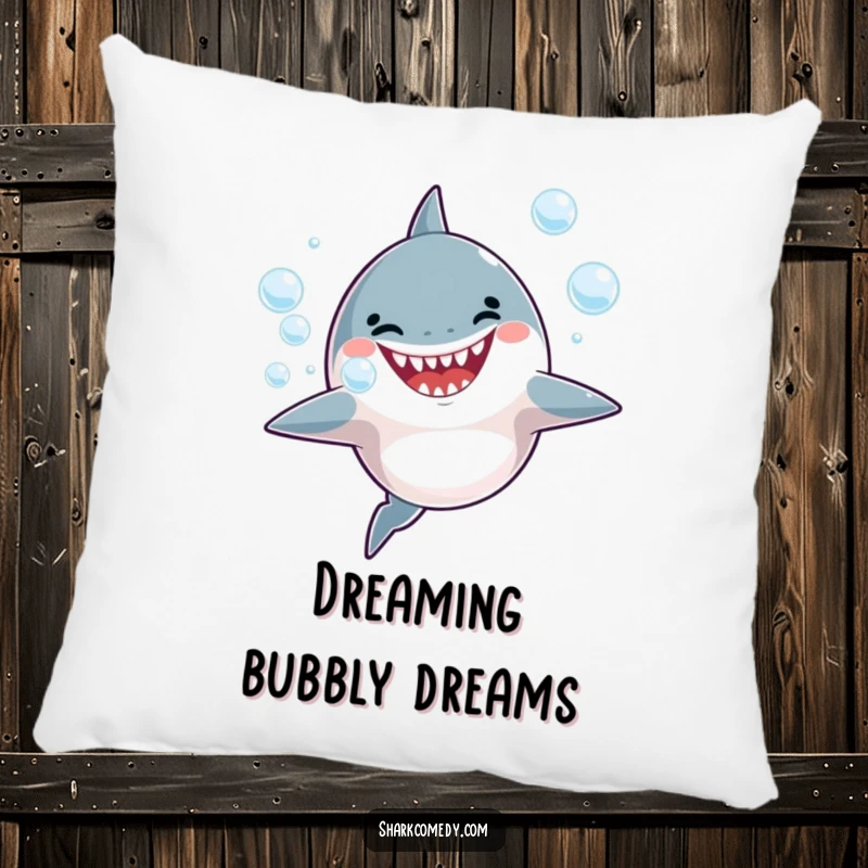 Funny Pillow featuring a happy shark blowing bubbles, perfect for cozy ocean-themed comfort.