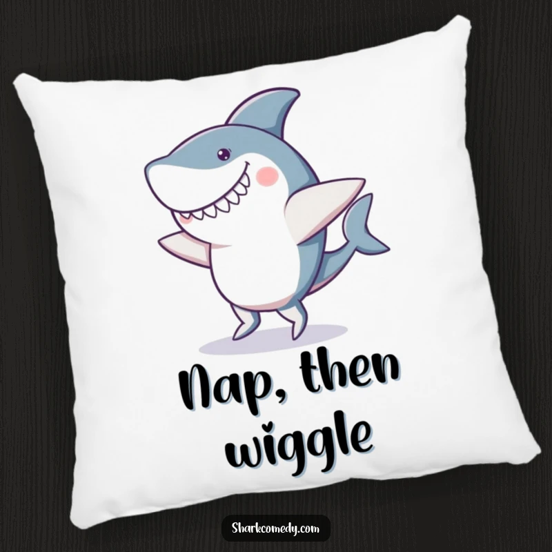 Funny pillow showcasing a joyful shark performing a delightfully clumsy dance with a wide goofy smile and unsteady, wobbly fins.