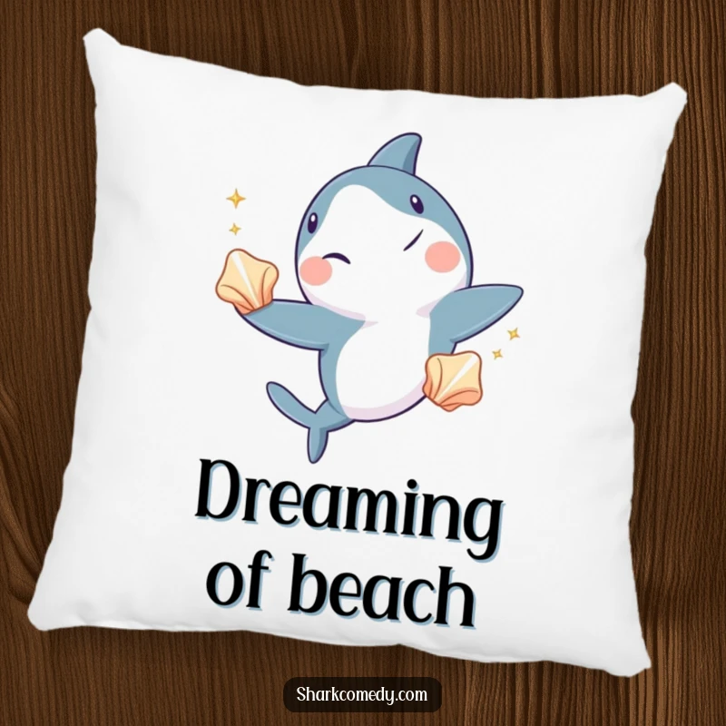 Funny shark pillow, a plush cushion showing a shark winking while skillfully juggling three shiny seashells, radiating playful comfort.