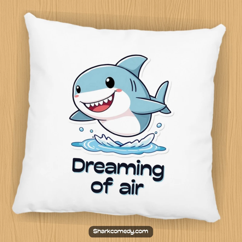 Funny shark pillow depicting a small character with an oversized head, joyfully leaping out of the water, offering comfort and a touch of big humor.